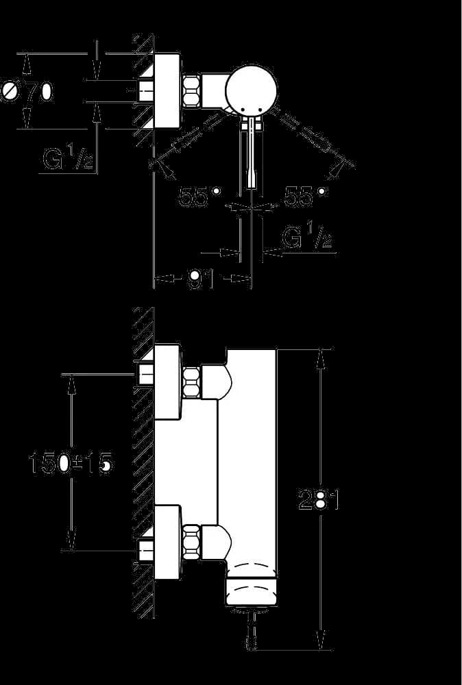 GROHE Essence Baterie duş monocomandă 1/2" - desen tehnic cu cote