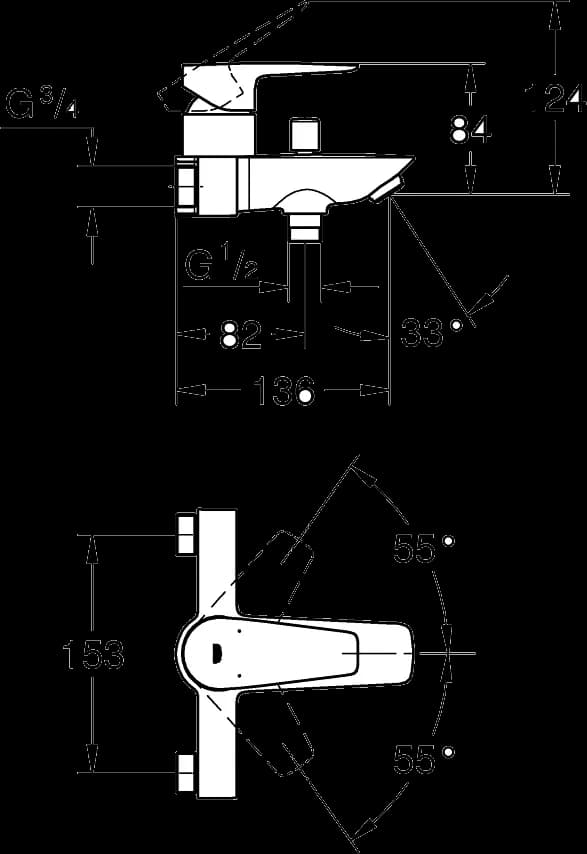 GROHE BauEdge Baterie cadă monocomandă 1/2" - desen tehnic cu cote