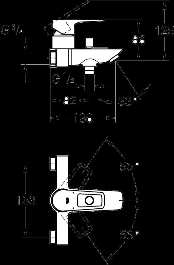 GROHE BauLoop Baterie cadă monocomandă 1/2" - desen tehnic cu cote