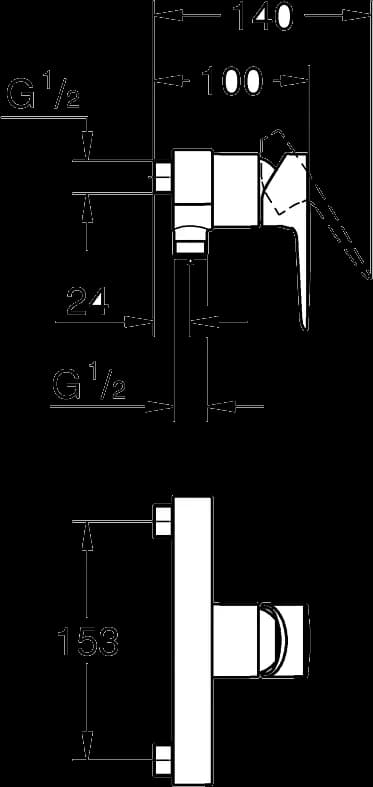 GROHE BauEdge Baterie duş monocomandă 1/2" - desen tehnic cu cote