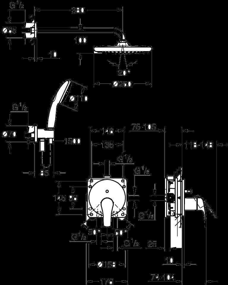 GROHE Eurosmart Sistem de duș încastrat cu Tempesta 250 - desen tehnic cu cote