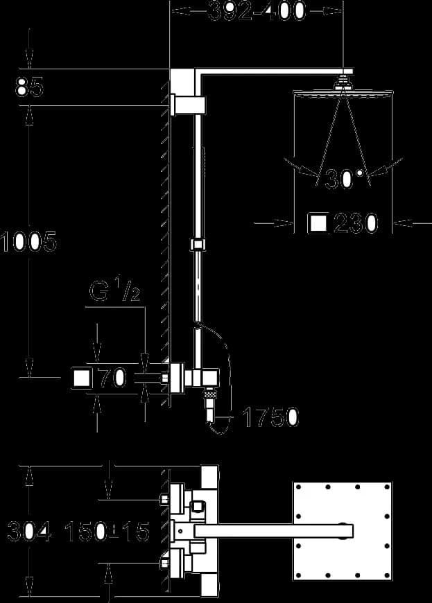 GROHE Euphoria Cube System 230 Sistem de duș cu baterie cu termostat cu montare pe perete - desen tehnic cu cote