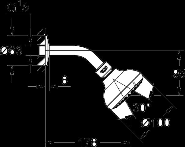 GROHE Tempesta 100 Set duș fix 3 pulverizări - desen tehnic cu cote
