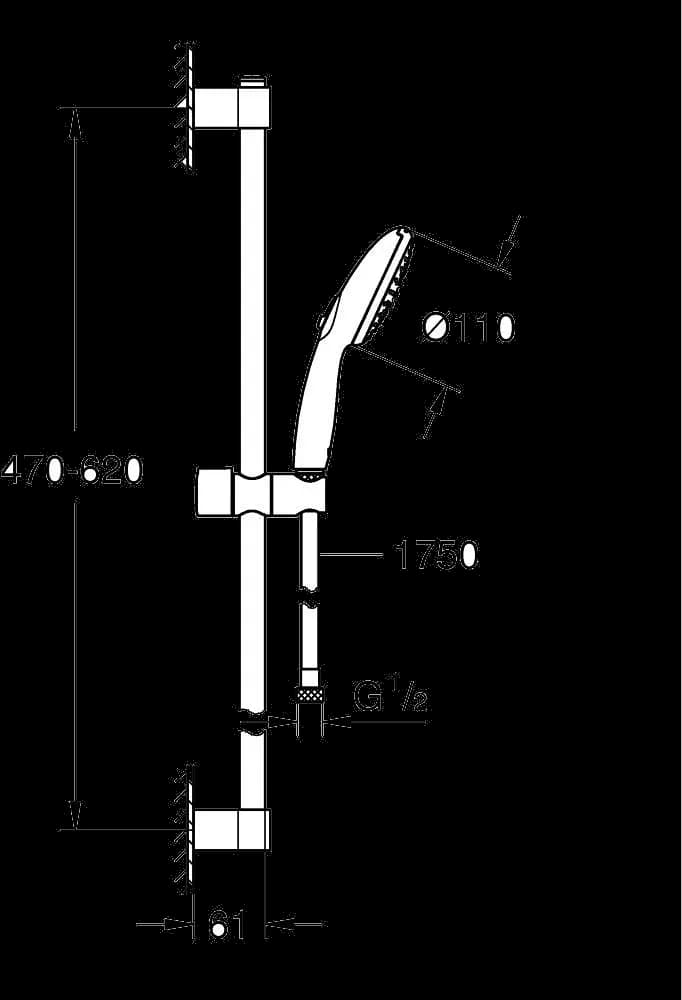GROHE Tempesta 110 Set bară de duș cu 2 jeturi (Rain, Jet) - desen tehnic cu cote
