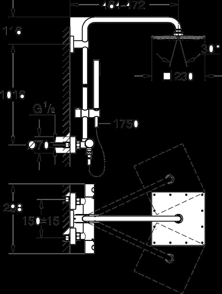 GROHE Euphoria System 230 Sistem duș cu termostat pentru montare pe perete - desen tehnic cu cote