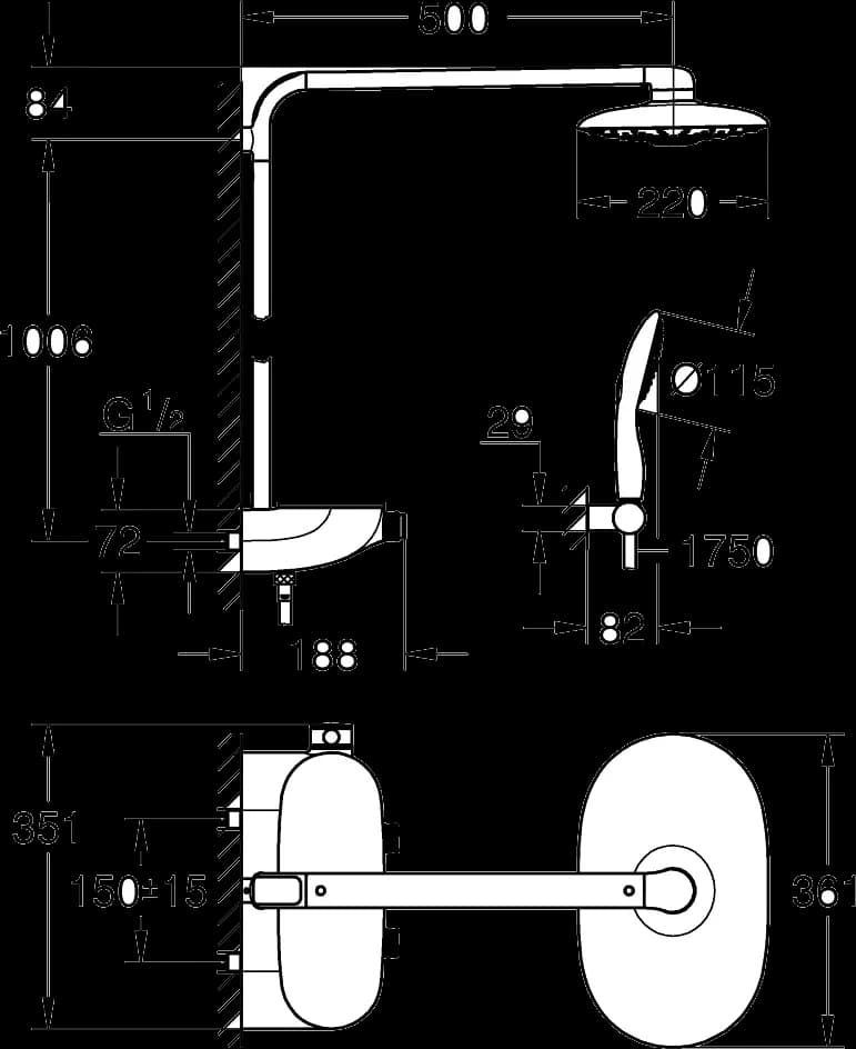 GROHE Rainshower System SmartControl Duo 360 Sistem duș cu termostat pentru montare pe perete - desen tehnic cu cote