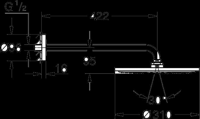 GROHE Rainshower 310 Set de duș fix 422 mm, 1 pulverizare - desen tehnic cu cote