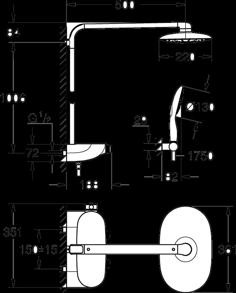 GROHE Rainshower System SmartControl Mono 360 Sistem duș cu termostat pentru montare pe perete - desen tehnic cu cote