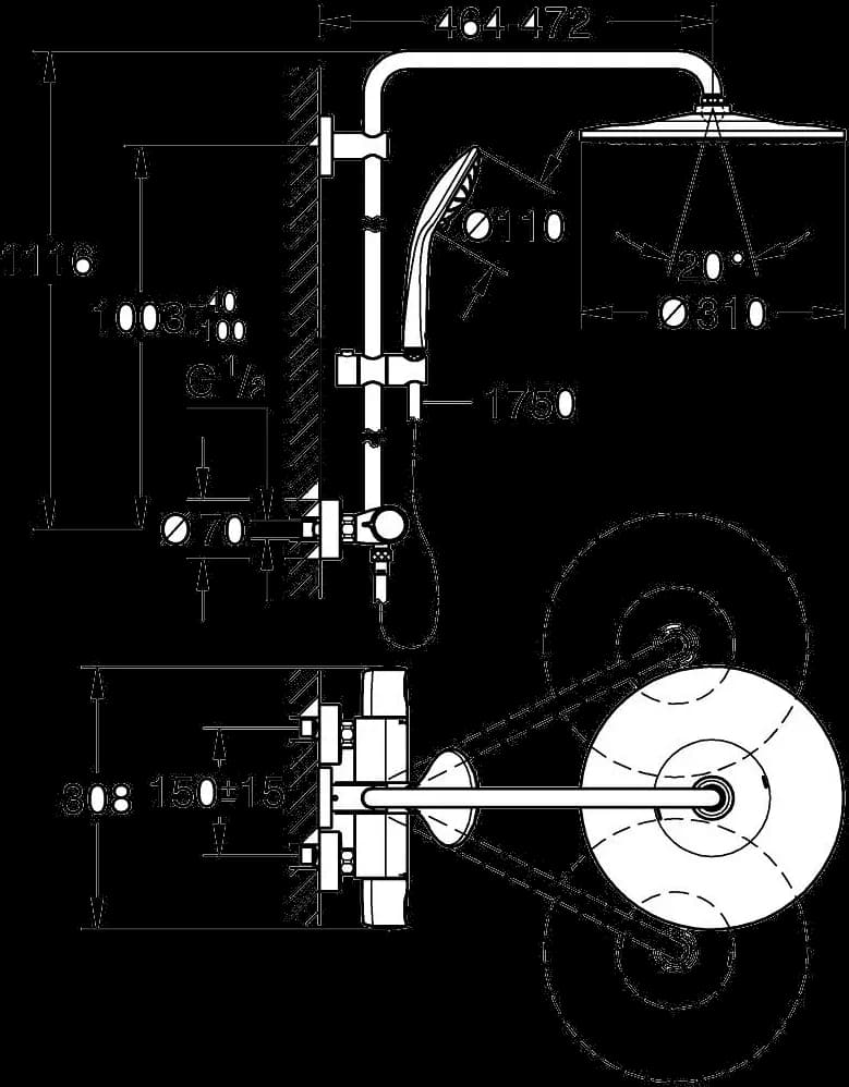 GROHE Vitalio Joy System 310 Sistem de duș cu baterie cu termostat cu montare pe perete - desen tehnic cu cote