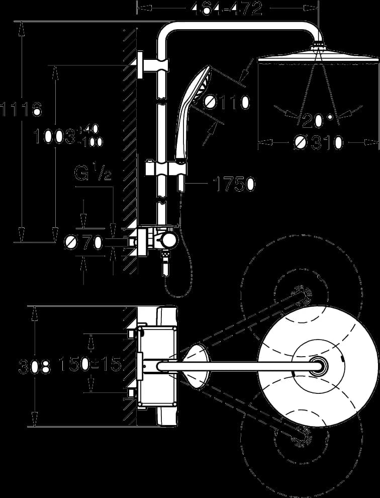 GROHE Vitalio Joy System 310 Sistem de duș cu baterie cu termostat cu montare pe perete - desen tehnic cu cote