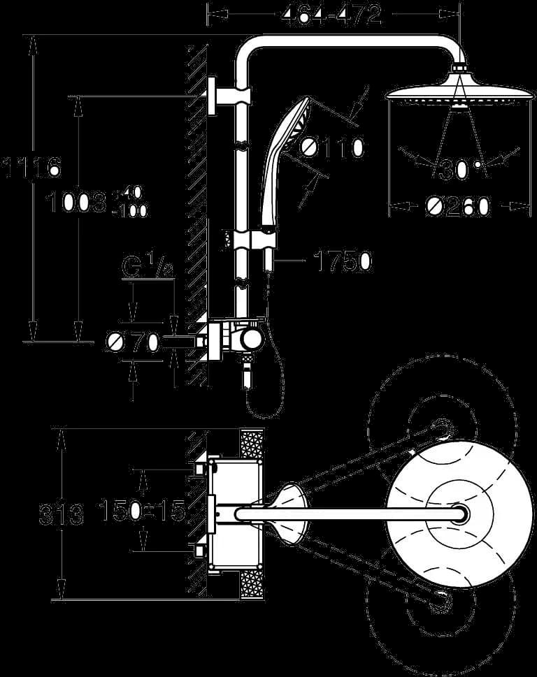 GROHE Vitalio Joy System 260 Sistem de duș cu baterie cu termostat cu montare pe perete - desen tehnic cu cote