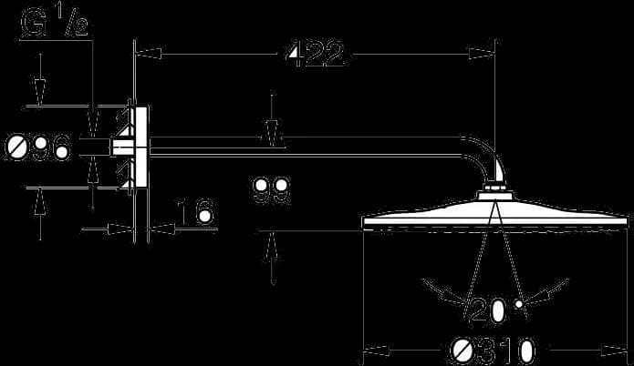 GROHE Rainshower Mono 310 Set de duș fix 422 mm, 1 pulverizare - desen tehnic cu cote