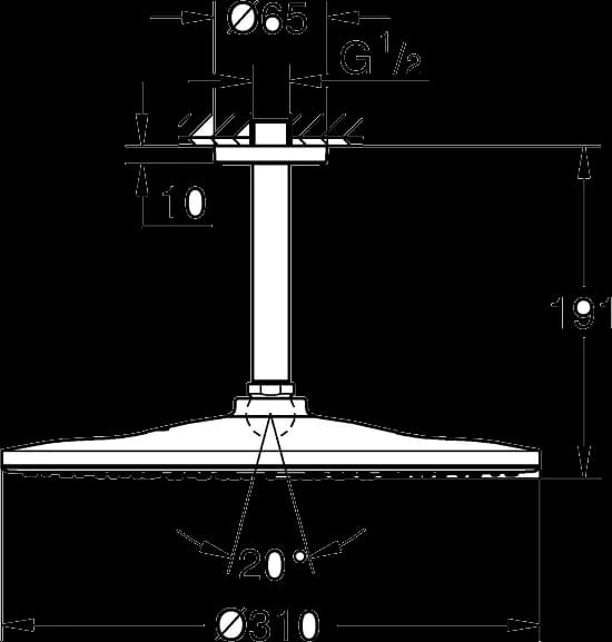 GROHE Rainshower Mono 310 Set de duș fix cu montare în tavan 142 mm, 1 pulverizare - desen tehnic cu cote