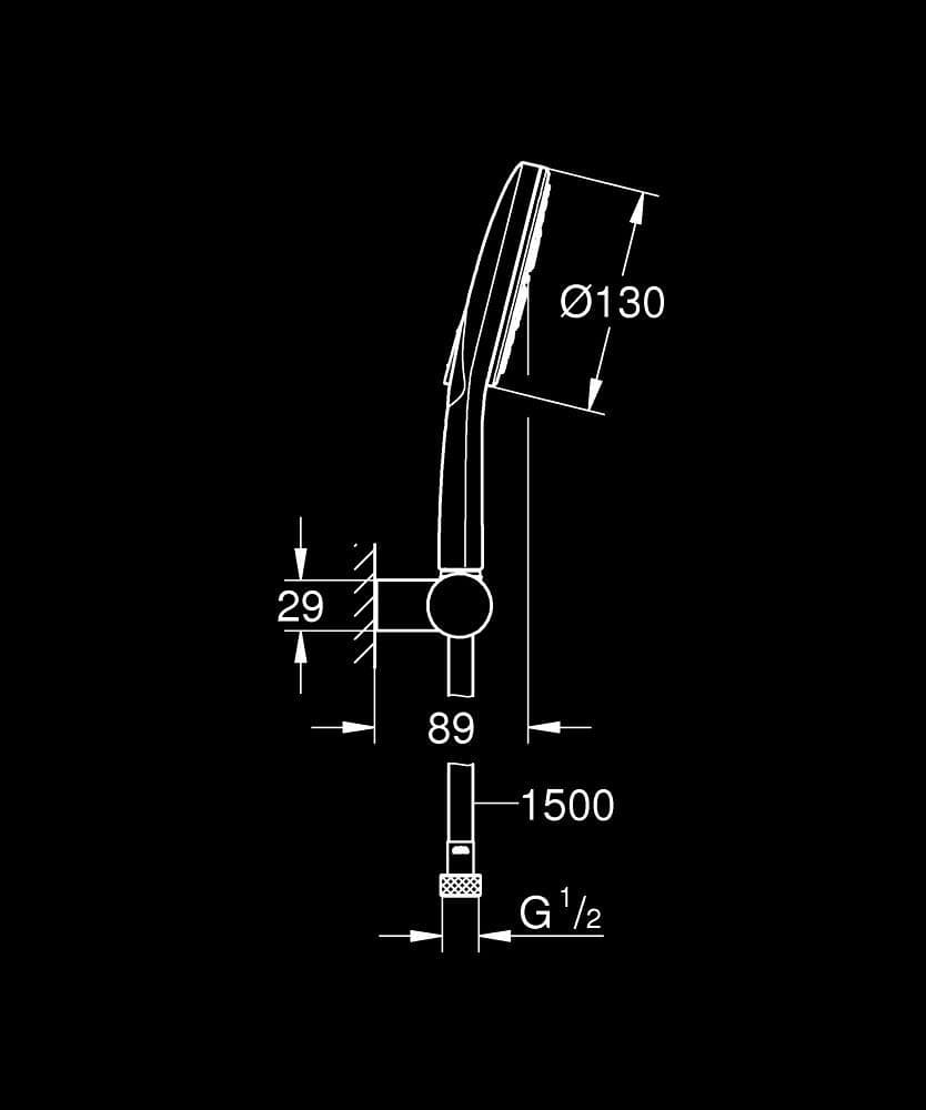 GROHE Rainshower SmartActive 130 Set duș cu 3 pulverizări, cu suport de perete - desen tehnic cu cote