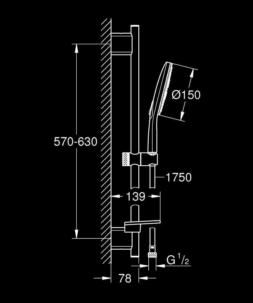GROHE Rainshower SmartActive 150 Set duș cu 3 pulverizări, cu bară - desen tehnic cu cote