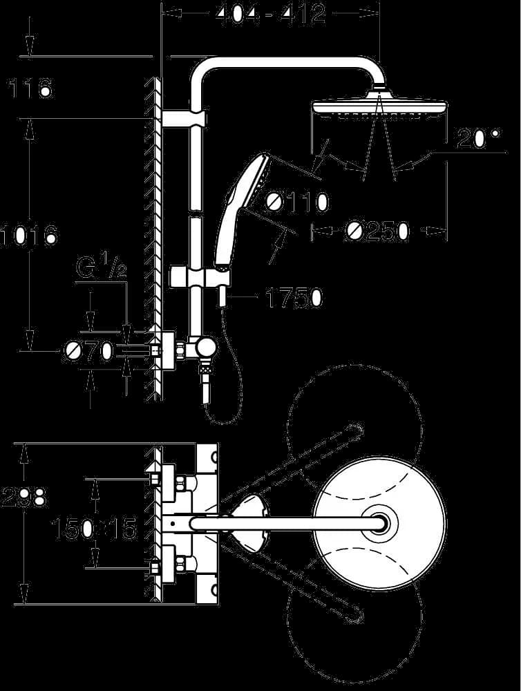 GROHE Tempesta System 250 Sistem duș cu termostat pentru montare pe perete - desen tehnic cu cote