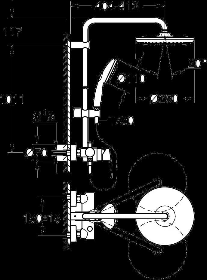 GROHE Tempesta System 250 Sistem de duș cu baterie monocomandă cu montare pe perete - desen tehnic cu cote