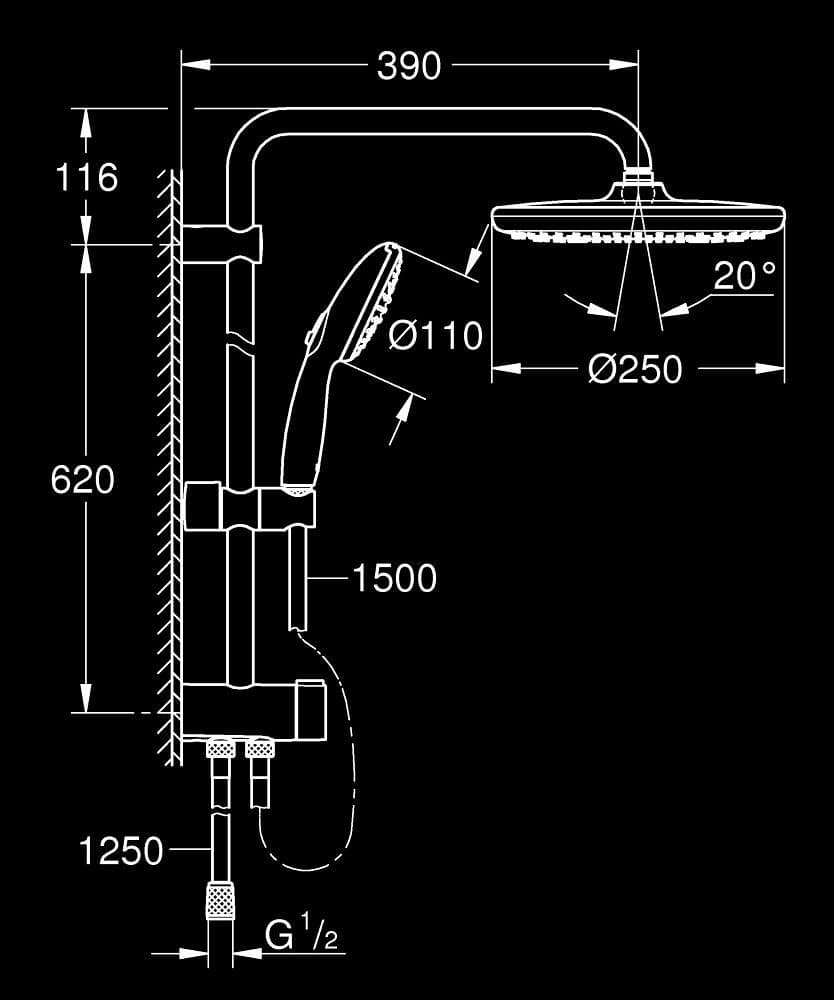 GROHE Vitalio Start System 250 Sistem de duș Flex cu divertor pentru montare pe perete - desen tehnic cu cote