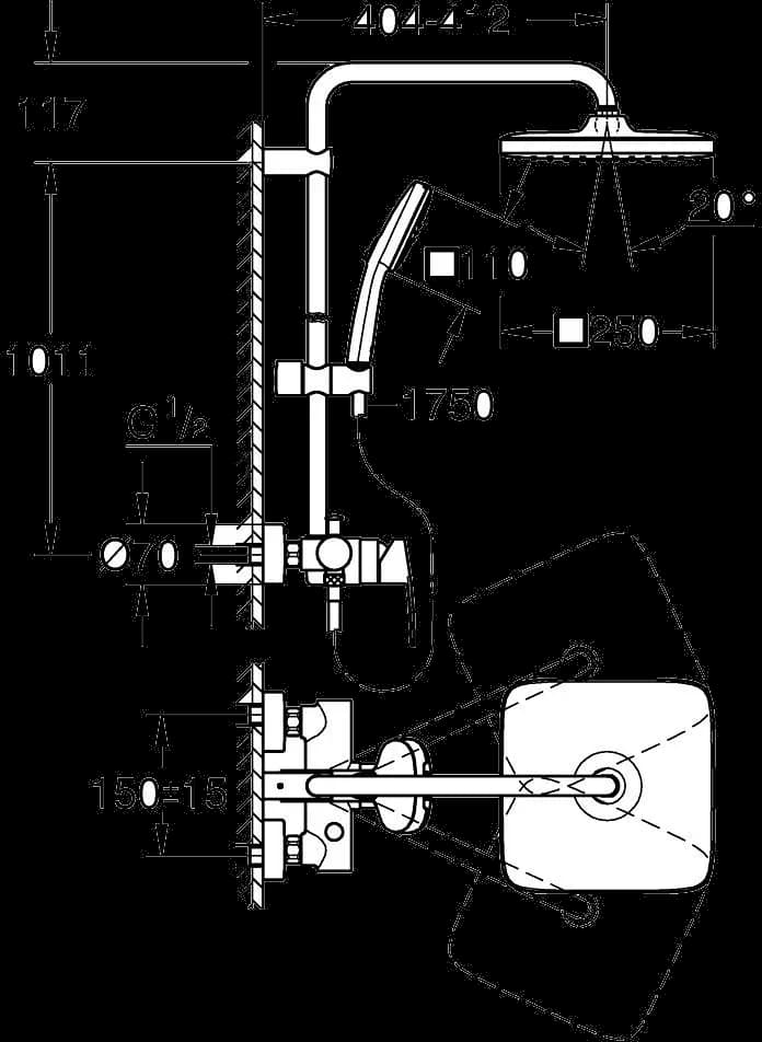 GROHE Tempesta System 250 Cube Sistem de duș cu baterie monocomandă cu montare pe perete - desen tehnic cu cote