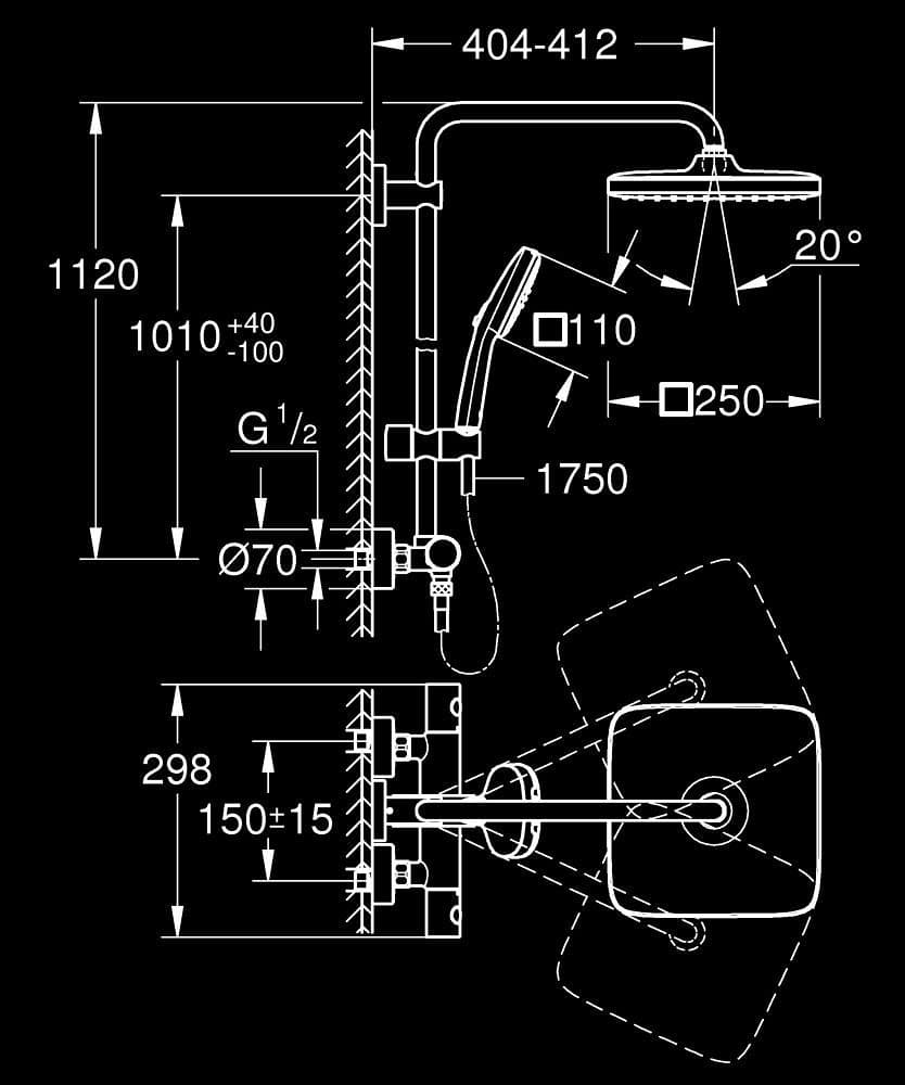 GROHE Vitalio Comfort 250 Sistem duș cu termostat pentru montare pe perete - desen tehnic cu cote