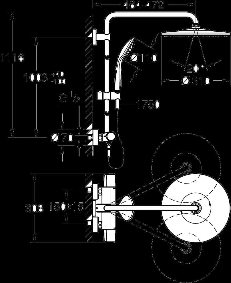 GROHE Euphoria System 310 Sistem de duș cu baterie cu termostat cu montare pe perete - desen tehnic cu cote