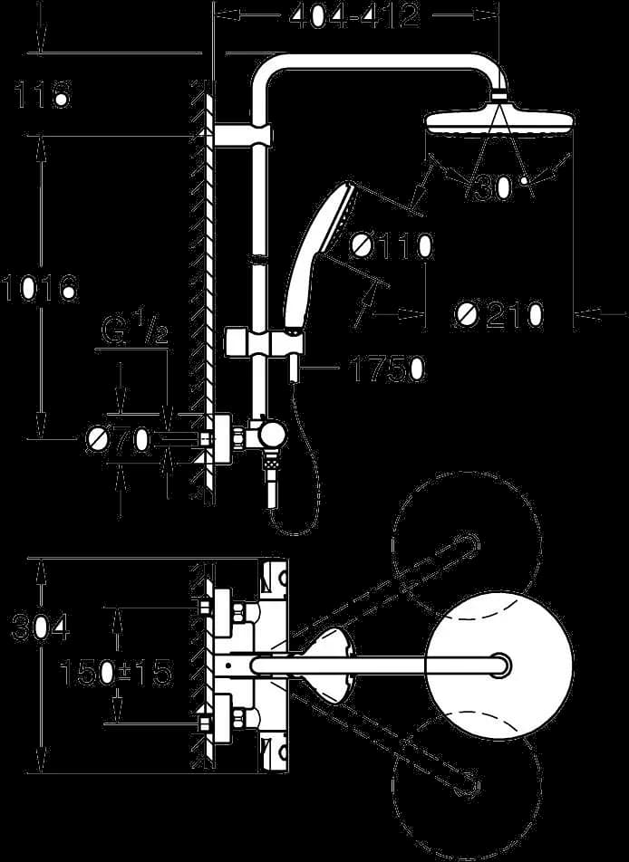 GROHE Tempesta System 210 Sistem duș cu termostat pentru montare pe perete - desen tehnic cu cote