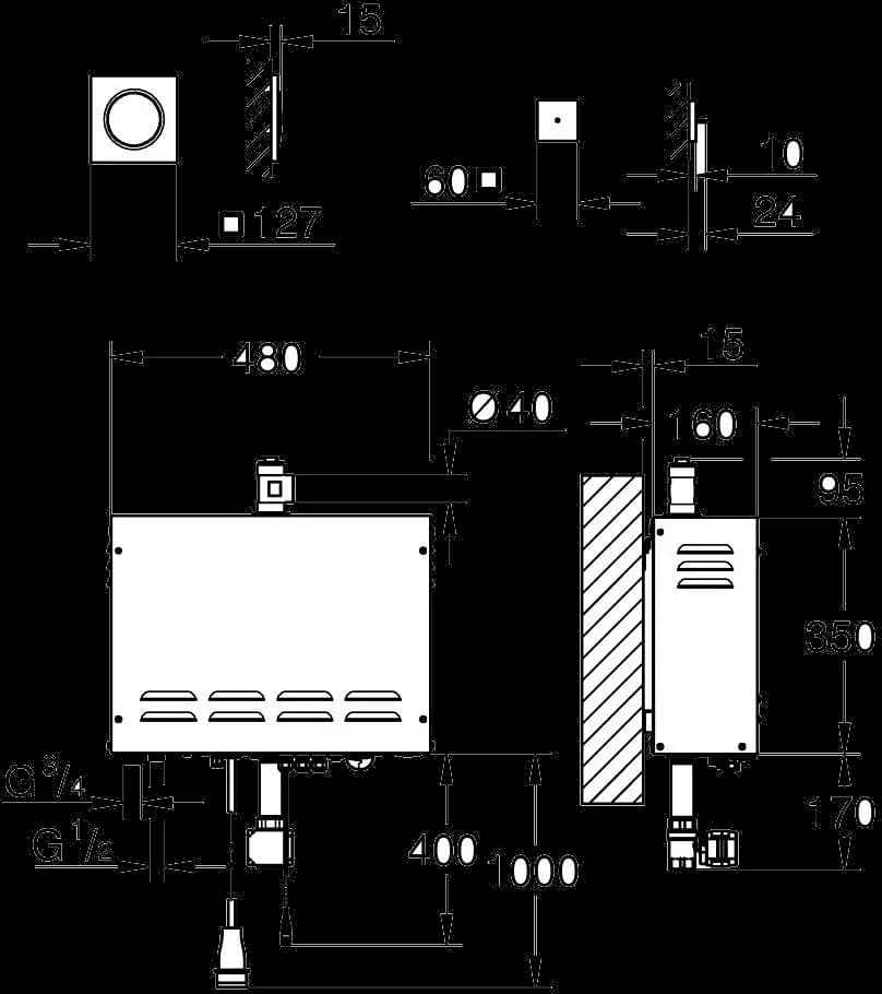 GROHE F digital Deluxe Generator de abur 9,9 kW, cu ieșire de abur și senzor de temperatură - desen tehnic cu cote