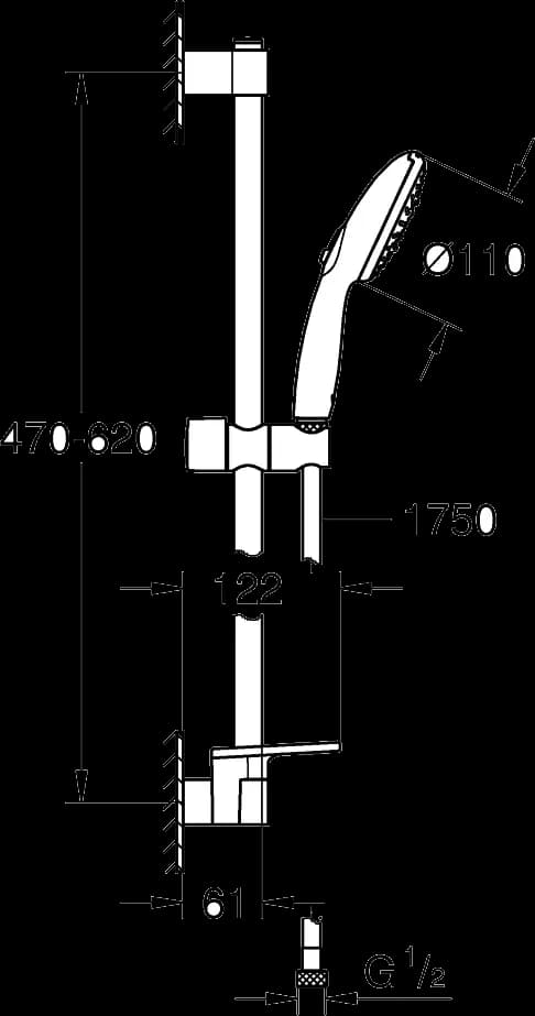 GROHE Tempesta 110 Set bară de duș cu 3 jeturi (Rain, Jet, Massage) - desen tehnic cu cote