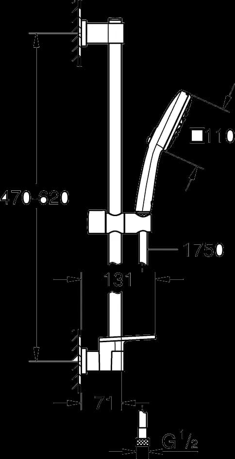 GROHE Vitalio Comfort 110 Set bară de duș cu 3 jeturi (Rain, Jet, Massage) - desen tehnic cu cote