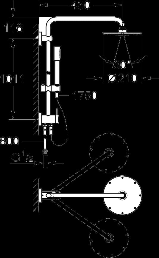 GROHE Rainshower System 210 Sistem de duş cu divertor pentru montare pe perete - desen tehnic cu cote