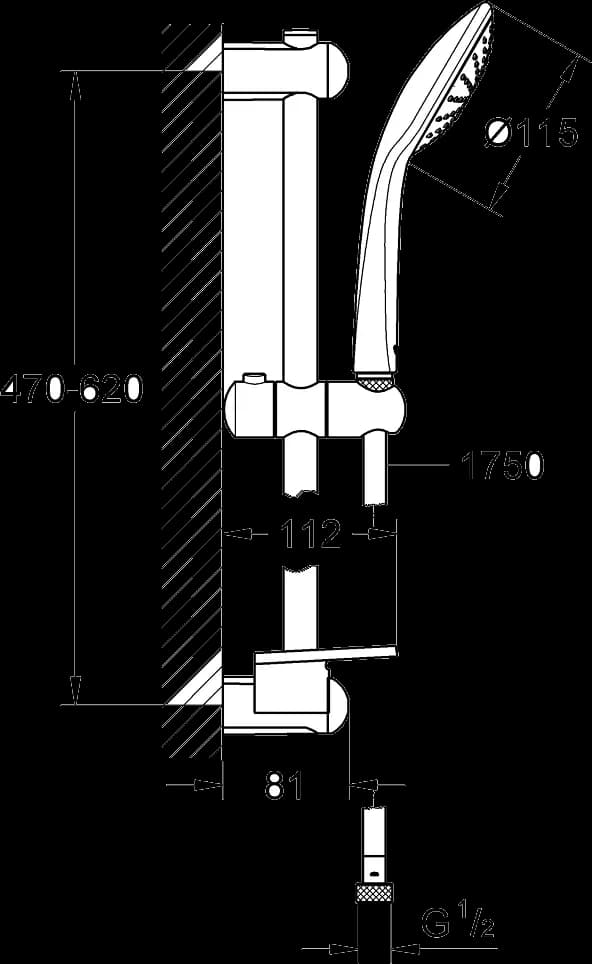 GROHE Euphoria 110 Mono Set de duș cu 1 pulverizare, cu bară - desen tehnic cu cote