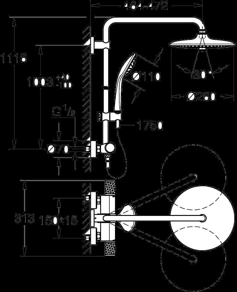 GROHE Euphoria System 260 Sistem de duș cu baterie cu termostat cu montare pe perete - desen tehnic cu cote