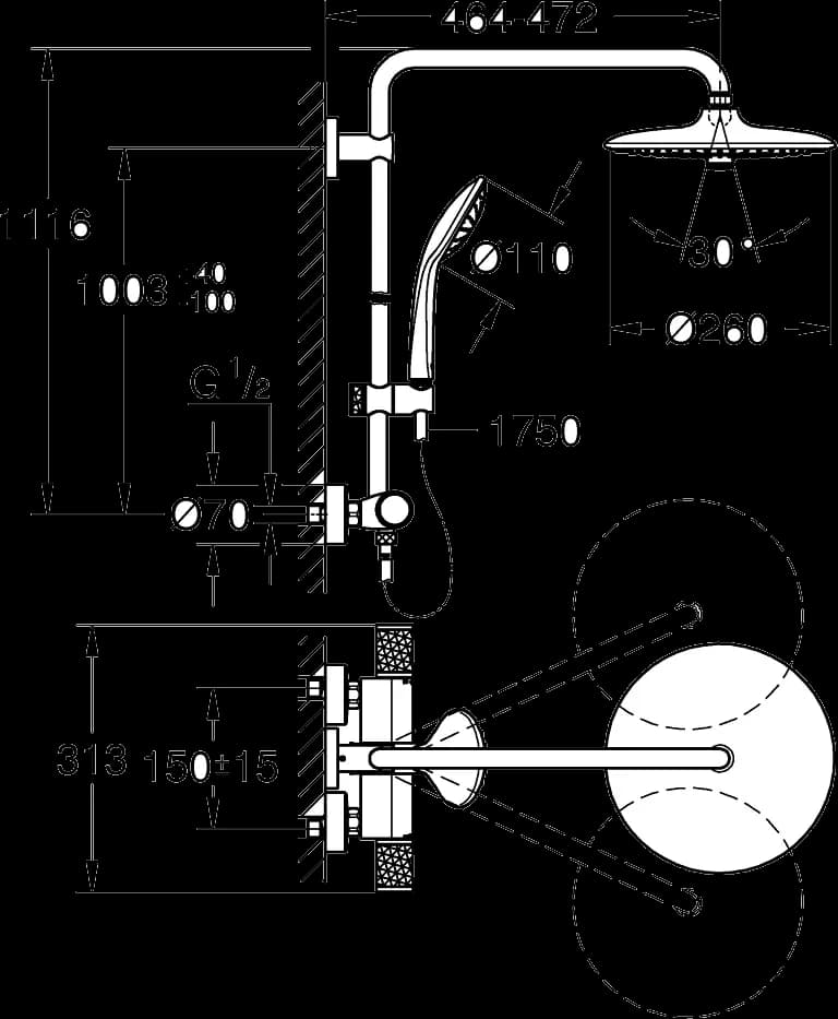 GROHE Vitalio Joy System 260 Sistem de duș cu baterie cu termostat cu montare pe perete - desen tehnic cu cote