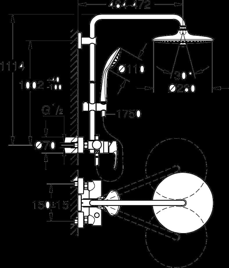 GROHE Euphoria System 260 Sistem de duș cu baterie monocomandă cu montare pe perete - desen tehnic cu cote