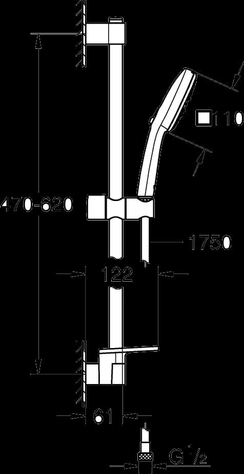 GROHE Tempesta Cube 110 Set duș cu 3 pulverizări, cu bară - desen tehnic cu cote