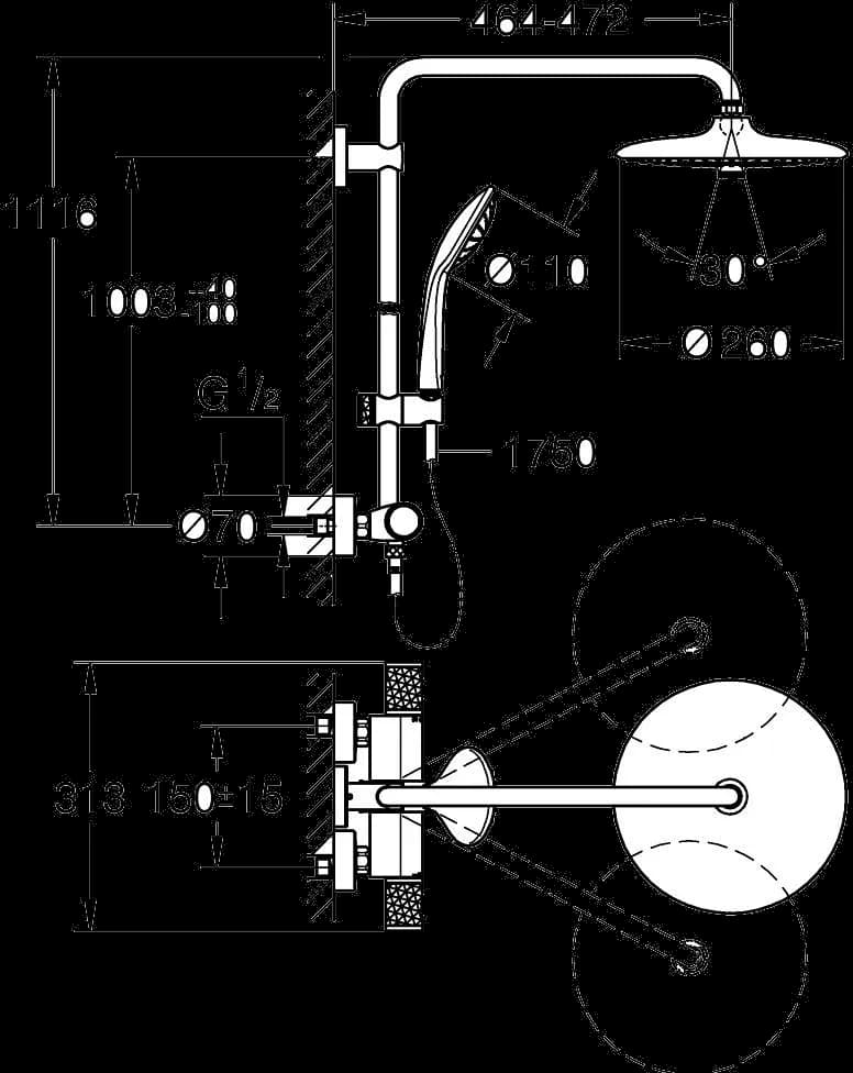 GROHE Euphoria System 260 Sistem de duș cu baterie cu termostat cu montare pe perete - desen tehnic cu cote