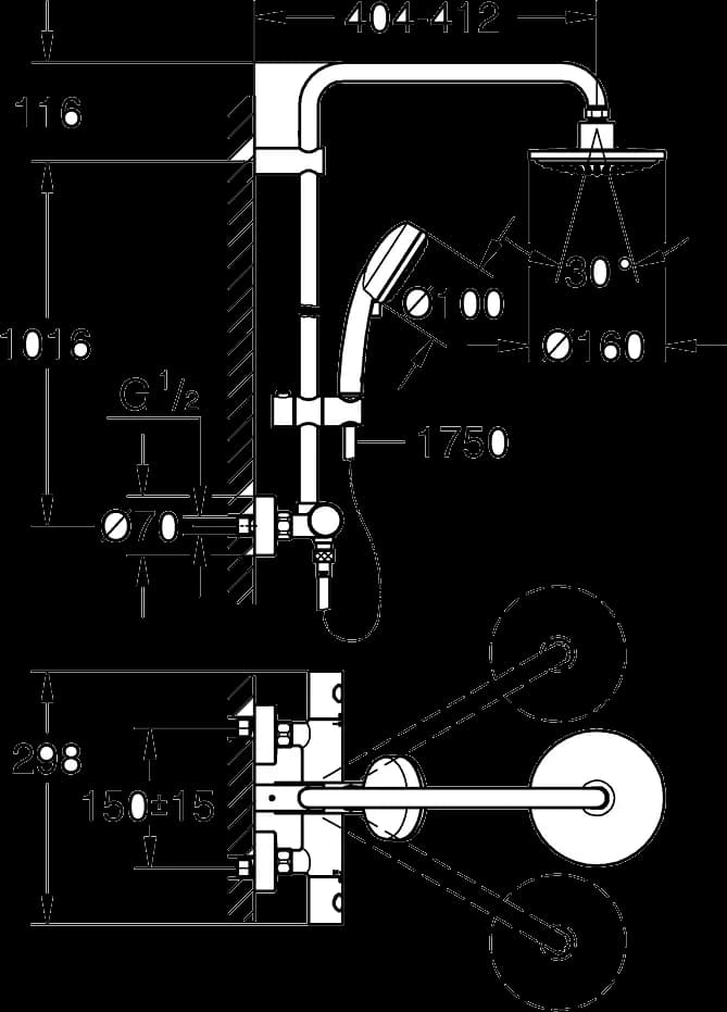 GROHE Tempesta Cosmopolitan 160 Sistem duș cu termostat pentru montare pe perete - desen tehnic cu cote
