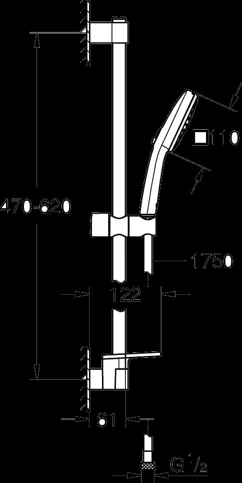 GROHE Tempesta Cube 110 Set duș cu 2 pulverizări, cu bară - desen tehnic cu cote