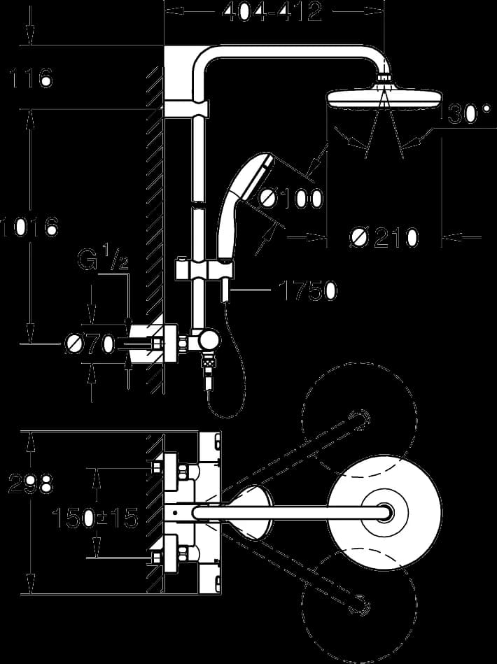 GROHE Vitalio Start System 210 Sistem duș cu termostat pentru montare pe perete - desen tehnic cu cote