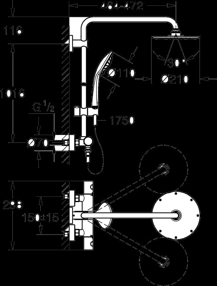 GROHE Euphoria System 210 Sistem duș cu termostat pentru montare pe perete - desen tehnic cu cote