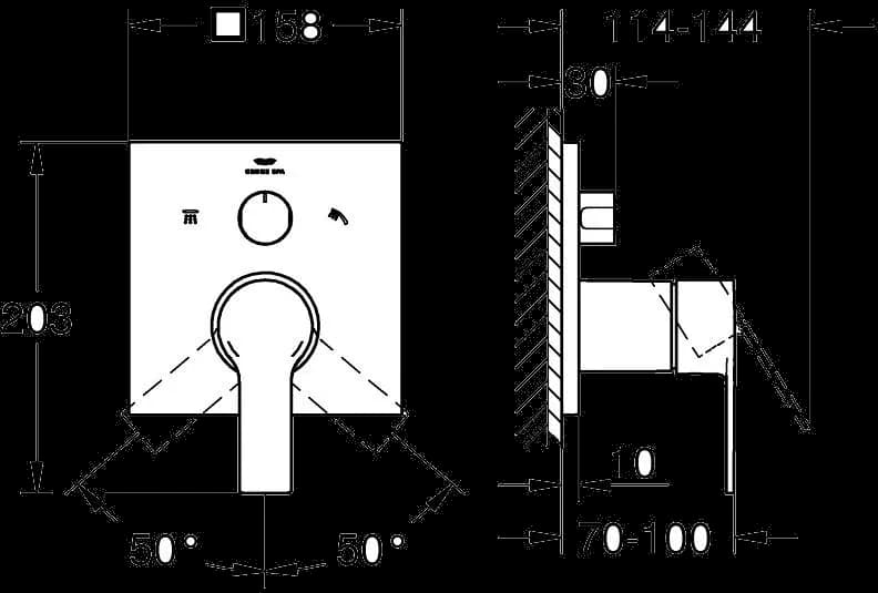 GROHE Allure Baterie monocomandă cu comutator cu 3 căi - desen tehnic cu cote