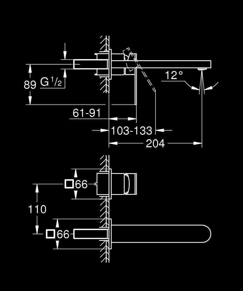 GROHE Plus Baterie lavoar monocomandă cu 2 elemente Mărimea L - desen tehnic cu cote