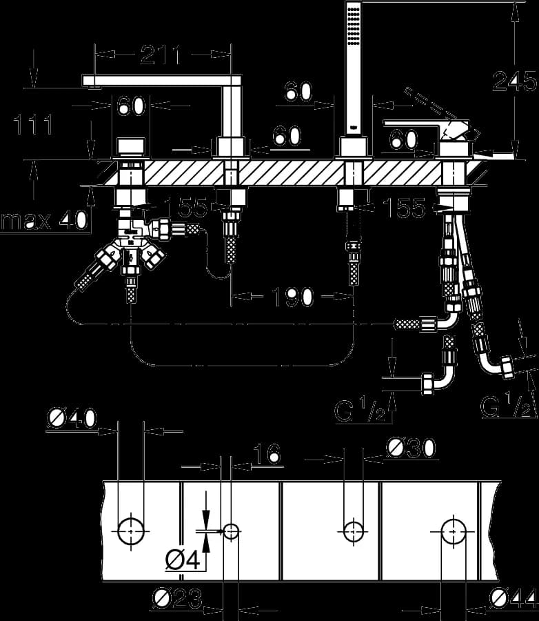 GROHE Plus Baterie cadă monocomandă cu 4 găuri - desen tehnic cu cote