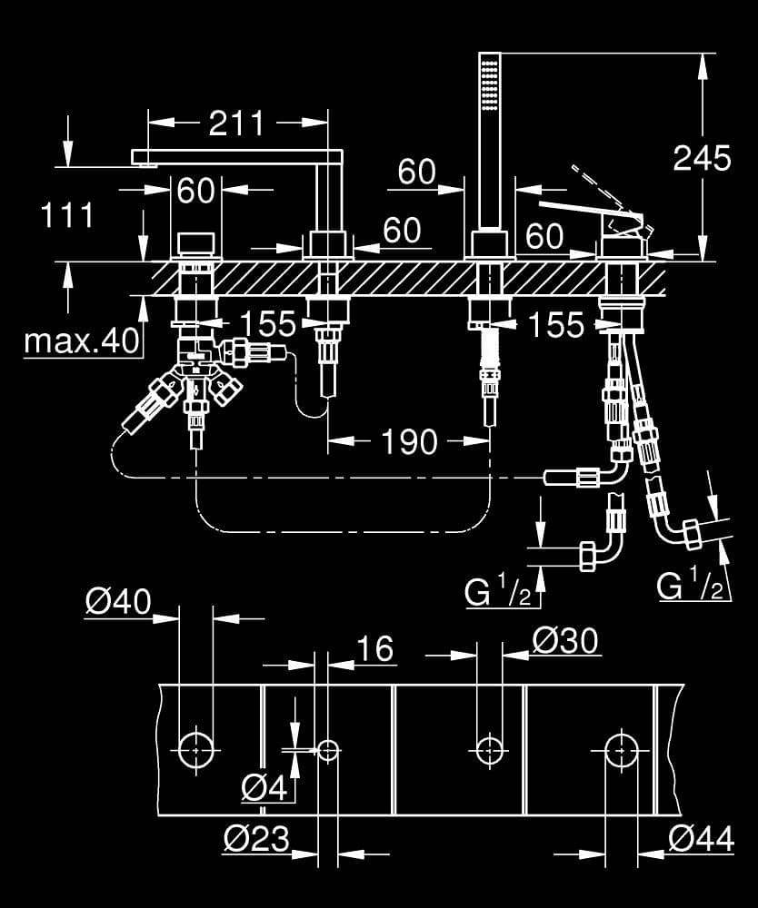 GROHE Plus Baterie cadă monocomandă cu 4 găuri - desen tehnic cu cote
