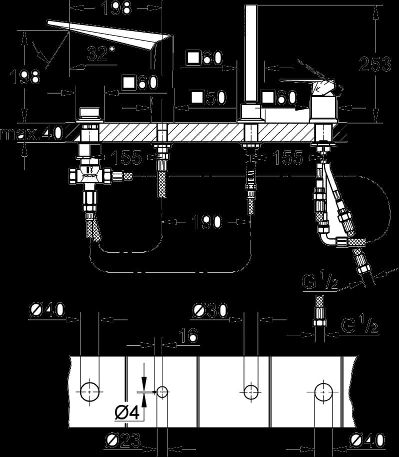 GROHE Allure Brilliant Baterie cadă monocomandă cu 4 găuri - desen tehnic cu cote