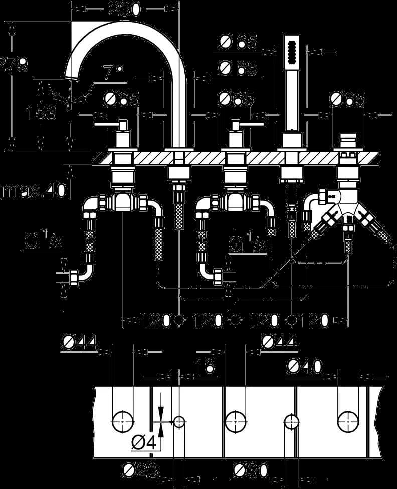 GROHE Atrio Baterie cadă cu 5 elemente - desen tehnic cu cote
