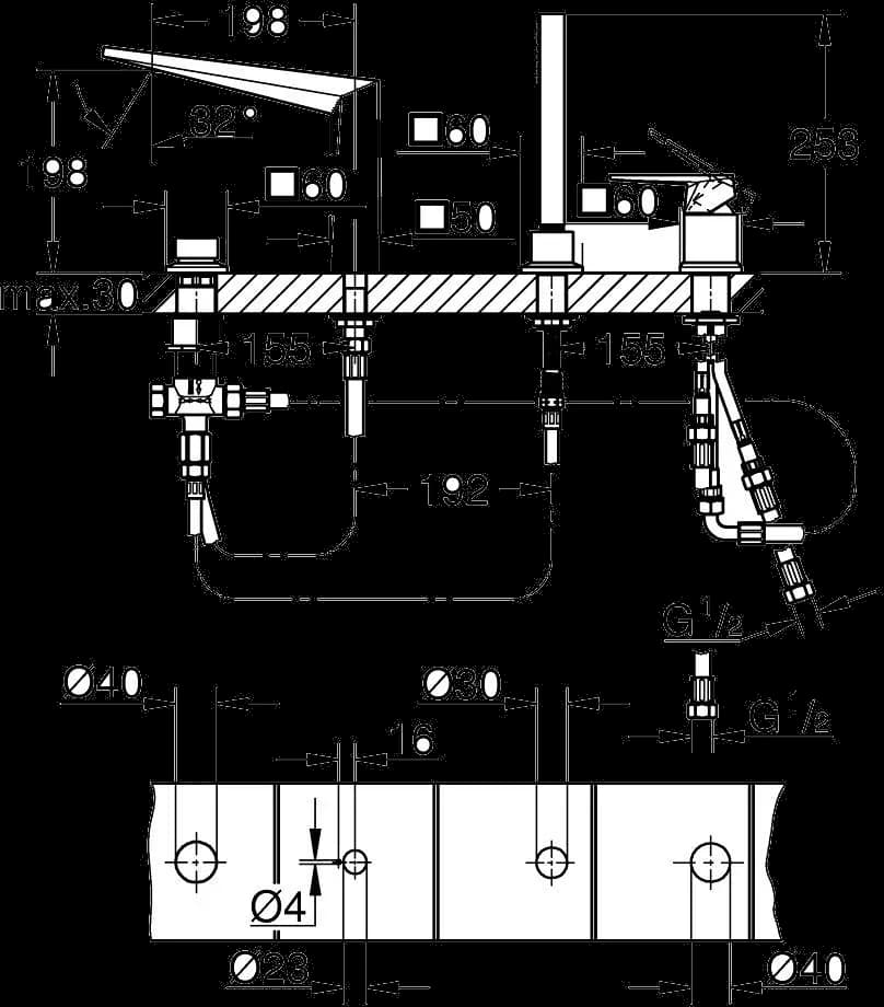 GROHE Allure Brilliant Private Collection Baterie cadă monocomandă cu 4 găuri - desen tehnic cu cote