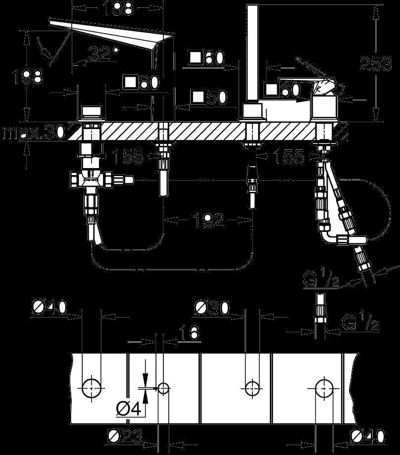 GROHE Allure Brilliant Private Collection Baterie cadă monocomandă cu 4 găuri - desen tehnic cu cote