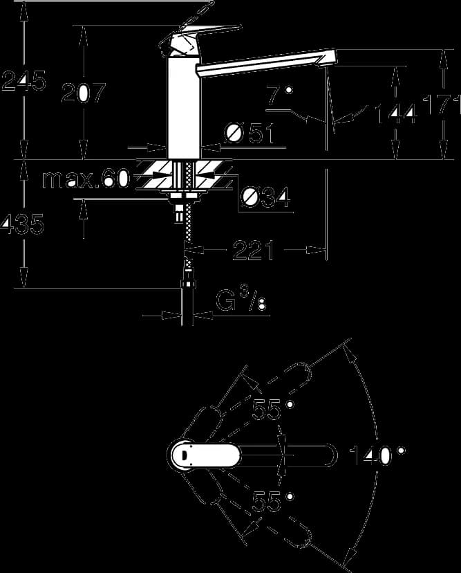 GROHE Eurosmart Cosmopolitan Baterie spălător cu monocomandă 1/2" - desen tehnic cu cote