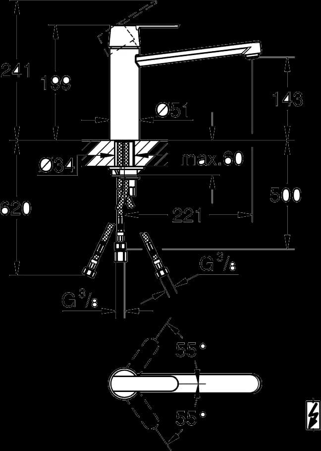 GROHE Get Baterie spălător cu monocomandă 1/2" - desen tehnic cu cote